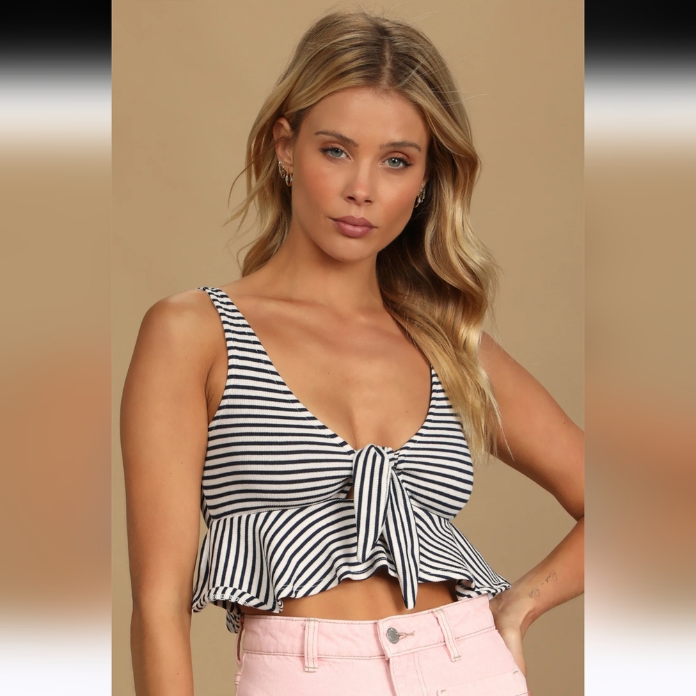 Lulus Set for Sailing Navy Blue and White Striped Tie-Front Tank Top Sz M NWT